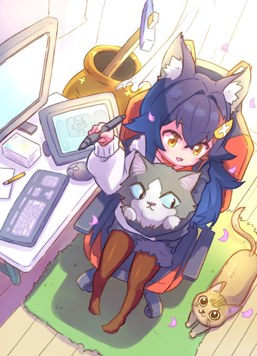1girl, :3, animal, animal_ear_fluff, animal_ears, blue_eyes, carpet, cat, computer, drawing_tablet, fluff, getting_over_it, hammer, highres, holding, holding_animal, hololive, hood, hoodie, keyboard_(computer), long_hair, monitor, mouse_(computer), on_chair, ookami_mio, ookami_mio_(3rd_costume), pantyhose, shorts, sitting, stylus, taiga_(ookami_mio), tawa_(ookami_mio), virtual_youtuber, wireless_mouse, wolf_ears, wolf_girl, yellow_eyes, yunra665