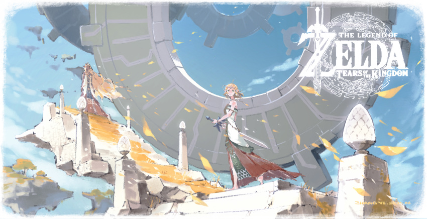 2girls, absurdres, blonde_hair, blue_sky, dark-skinned_female, dark_skin, dress, earrings