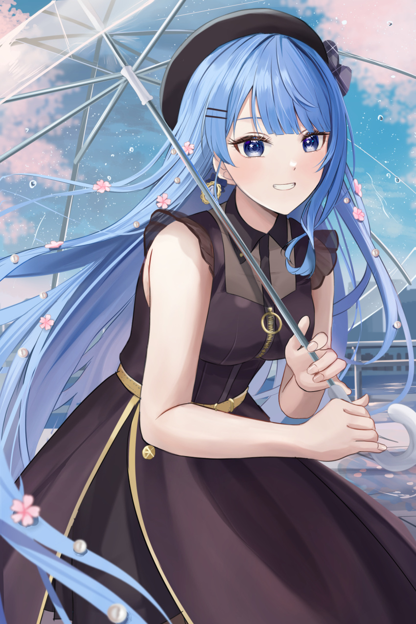 1girl, absurdres, bare_arms, belt, beret, black_dress, blue_eyes, blue_hair