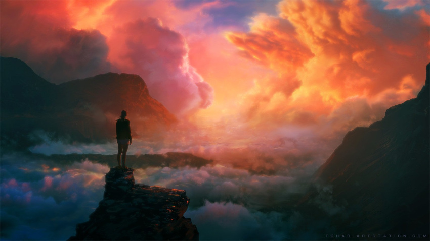 1boy, clouds, cloudy_sky, highres, looking_afar, looking_ahead, mountain, mountainous_horizon