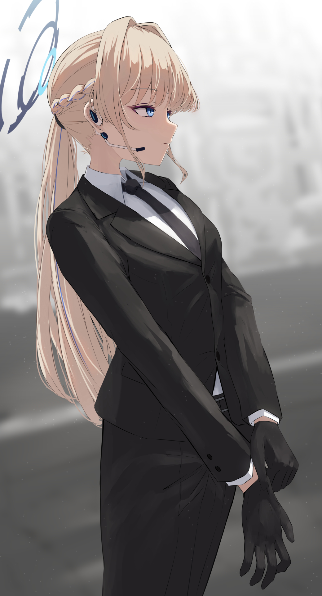 1girl, alternate_costume, alternate_hairstyle, black_gloves, black_necktie, black_suit, blonde_hair, blue_archive