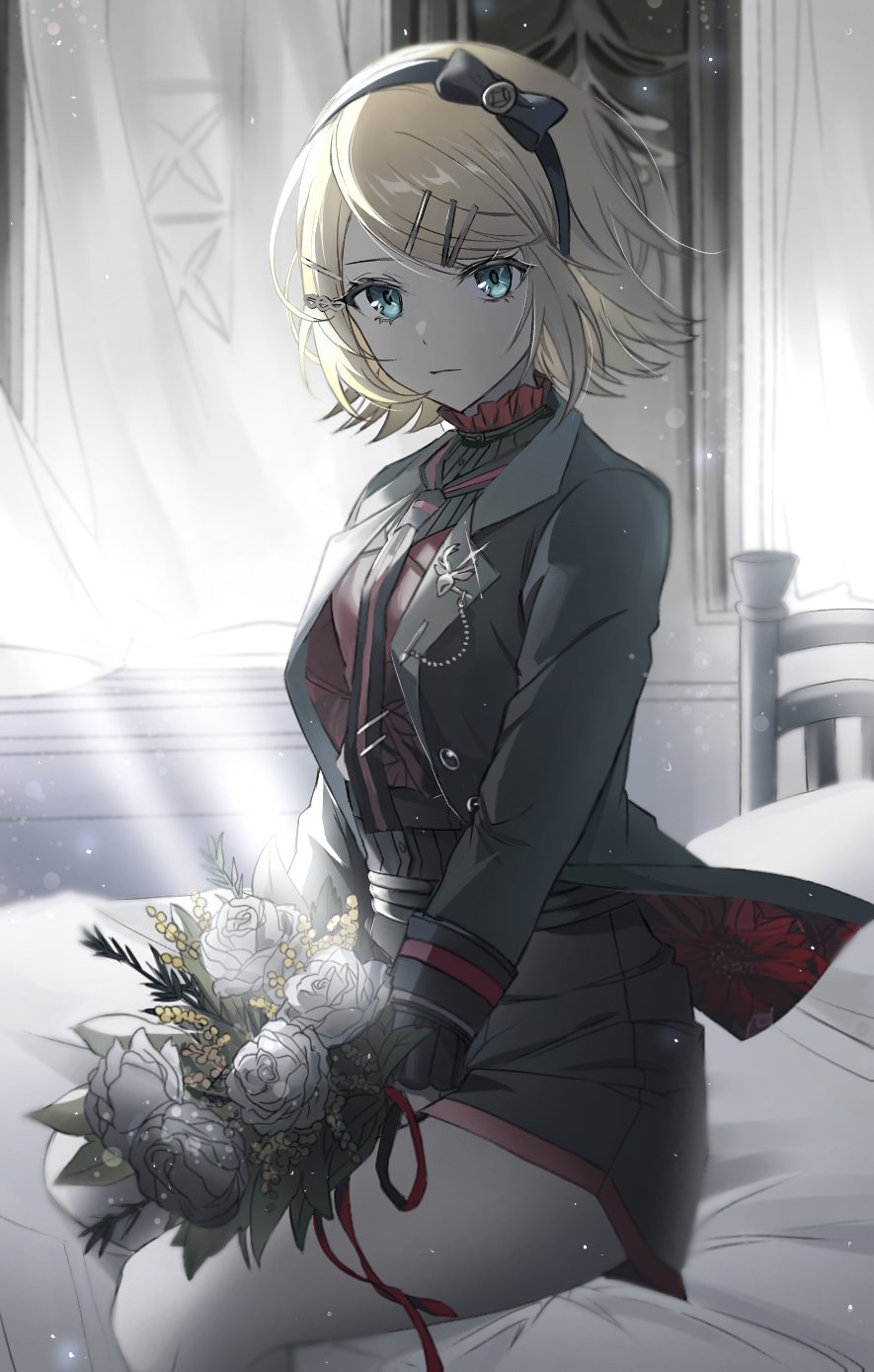 1girl, black_bow, blonde_hair, blue_eyes, bouquet, bow, buttons, ceiling39, closed_mouth, commentary, curtains, hair_ornament, hairband, hairpin, highres, holding, holding_bouquet, indoors, jacket, kagamine_rin, lapels, light_up_the_fire_(project_sekai), long_sleeves, looking_at_viewer, multiple_hairpins, necktie, notched_lapels, official_alternate_costume, open_clothes, open_jacket, project_sekai, ribbon, short_hair, shorts, sitting, solo, vivid_bad_squad_(project_sekai), vivid_bad_squad_rin, vocaloid