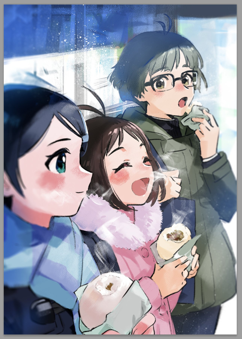 1boy, 2girls, ^_^, akizuki_ryou, antenna_hair, aqua_eyes, baozi, black_coat