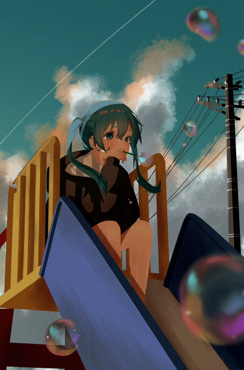 1girl, aqua_eyes, aqua_hair, black_hoodie, blurry, blurry_foreground, bubble_blowing, bubble_pipe