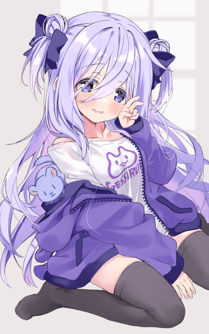 1girl, absurdres, amamiya_shizuku_(hizuki_yayoi), animal, animal_ears, animal_hood, bare_shoulders, blue_bow, blue_eyes, blue_hair, blue_jacket, blush, bow, chinchilla_(animal), collarbone, commentary_request, double_bun, fake_animal_ears, grey_thighhighs, hair_between_eyes, hair_bow, hair_bun, hand_up, highres, hizuki_yayoi, hood, hood_down, hooded_jacket, jacket, long_hair, long_sleeves, looking_at_viewer, no_shoes, off_shoulder, original, parted_lips, puffy_long_sleeves, puffy_sleeves, shirt, sitting, sleeves_past_wrists, solo, thigh-highs, two_side_up, v, very_long_hair, wariza, wavy_mouth, white_shirt, window