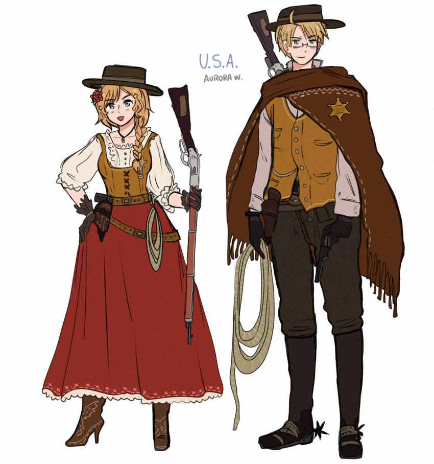 1boy, 1girl, alternate_costume, alternate_hairstyle, america_(hetalia), artist_name, aurora_williams, axis_powers_hetalia, badge, belt, black_gloves, blonde_hair, blue_eyes, boots, braid, brown_belt, brown_gloves, brown_headwear, brown_shawl, buttons, character_name, collarbone, flower, frilled_shirt_collar, frilled_skirt, frilled_sleeves, frills, full_body, genderswap, genderswap_(mtf), glasses, gloves, gun, hair_flower, hair_ornament, hand_on_own_hip, handgun, height_difference, high_heel_boots, high_heels, highres, holding, holding_gun, holding_rope, holding_weapon, jewelry, long_sleeves, looking_at_viewer, medium_hair, necklace, pants, police_badge, puffy_sleeves, red_skirt, revolver, rope, shawl, shirt, signature, simple_background, skirt, smile, star_(symbol), star_hair_ornament, united_states, vest, wavy_hair, weapon, white_background, white_shirt
