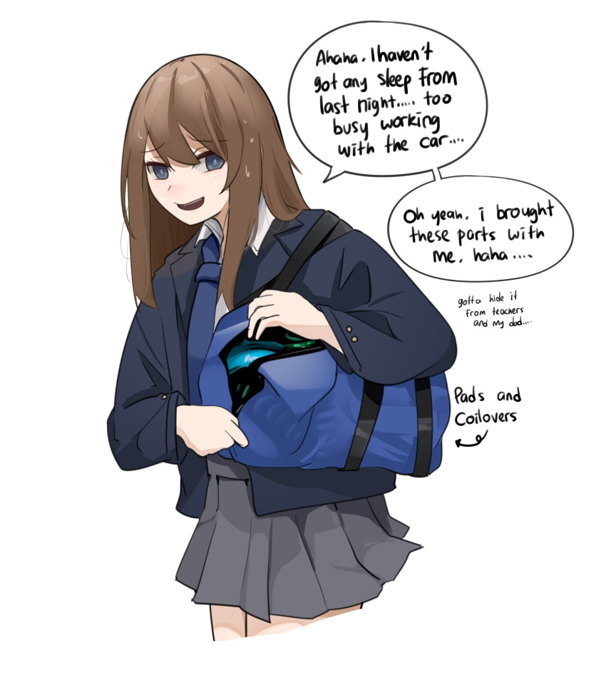 1girl, arrow_(symbol), asamiya_mariko, bag, blazer, blue_eyes, blue_jacket, blue_necktie