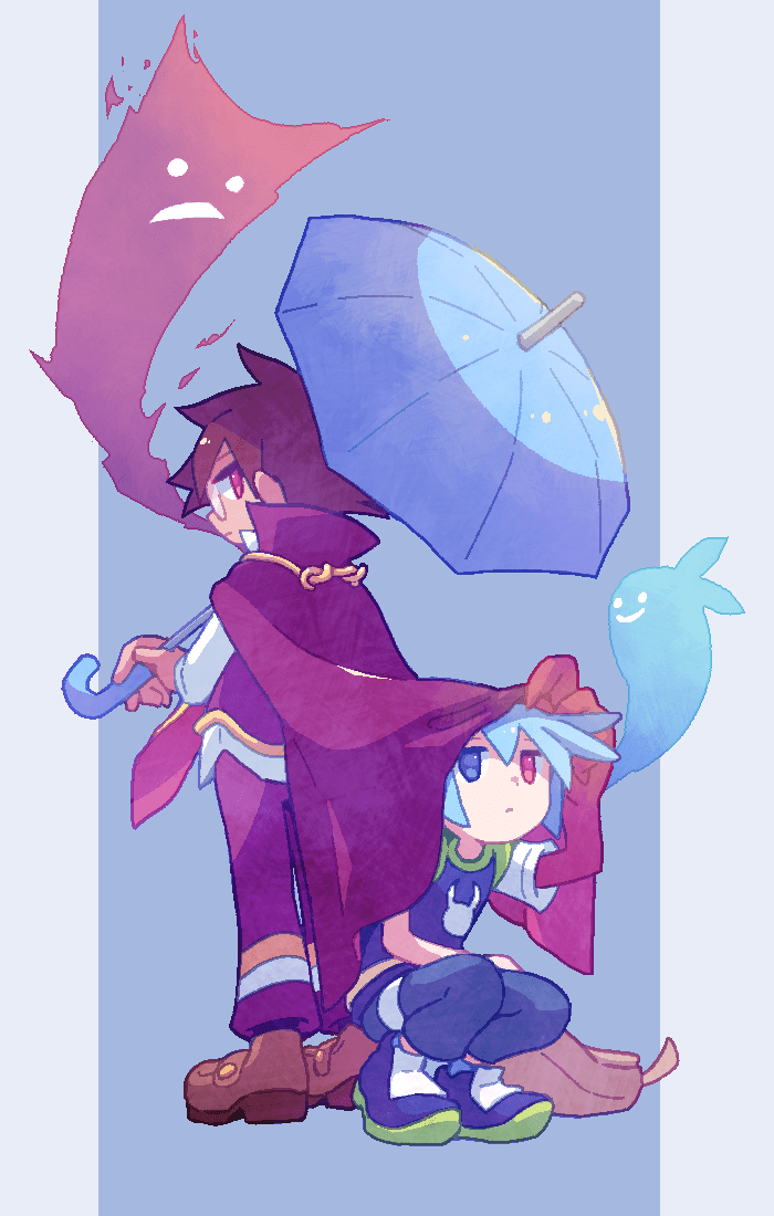 2boys, bag, blue_background, blue_eyes, blue_hair, blue_pants, blue_shirt, blue_umbrella