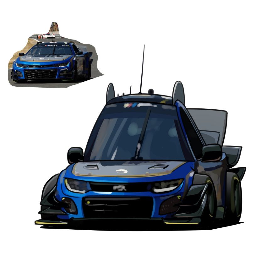 absurdres, car, chevrolet, chevrolet_camaro, chibi, highres, holeecrab, motor_vehicle, muscle_car, nascar, photo-referenced, porsche, porsche_963, race_vehicle, racecar, radio_antenna, real_life, reference_inset, world_endurance_championship