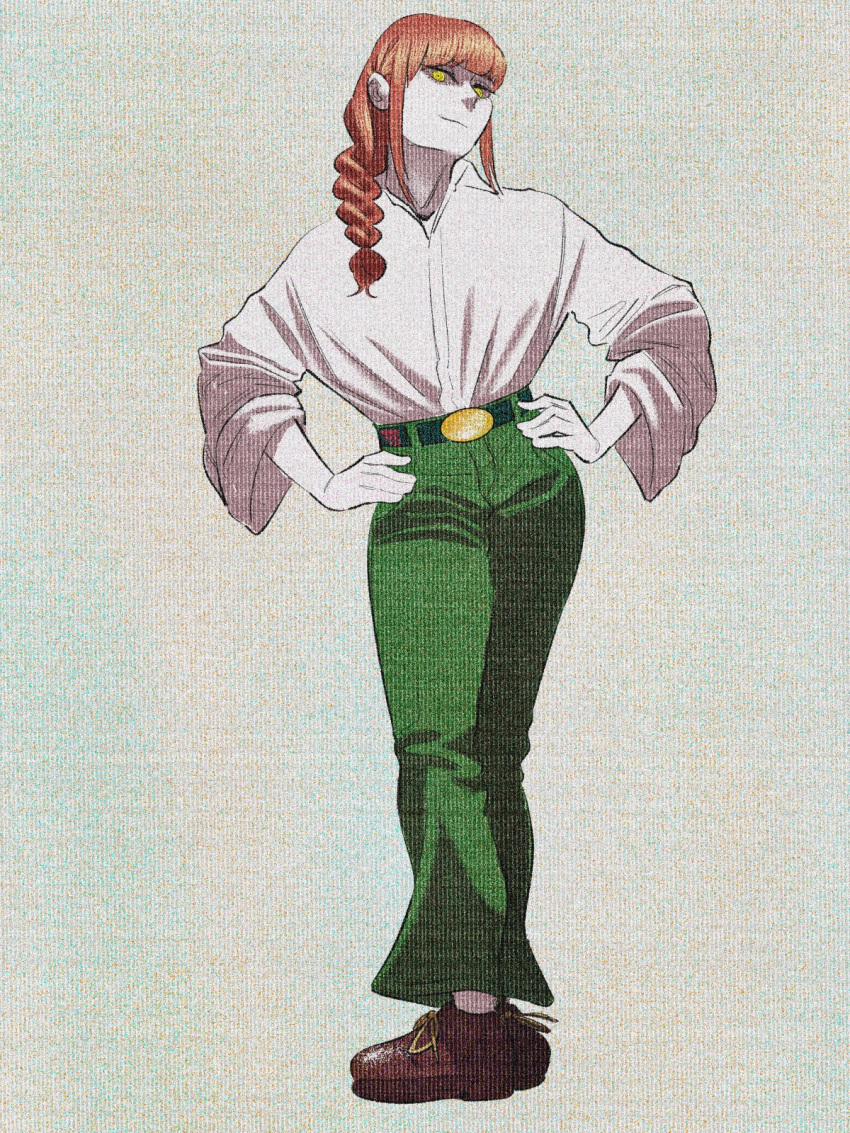 1girl, belt, blunt_bangs, bombsahoy, braid, braided_ponytail, brown_footwear, chainsaw_man, closed_mouth, collared_shirt, cosplay, family_guy, full_body, green_pants, hands_on_own_hips, high-waist_pants, highres, looking_at_viewer, makima_(chainsaw_man), pants, peter_griffin, peter_griffin_(cosplay), redhead, ringed_eyes, shirt, shirt_tucked_in, sidelocks, smirk, solo, standing, white_shirt, wide_sleeves, yellow_eyes