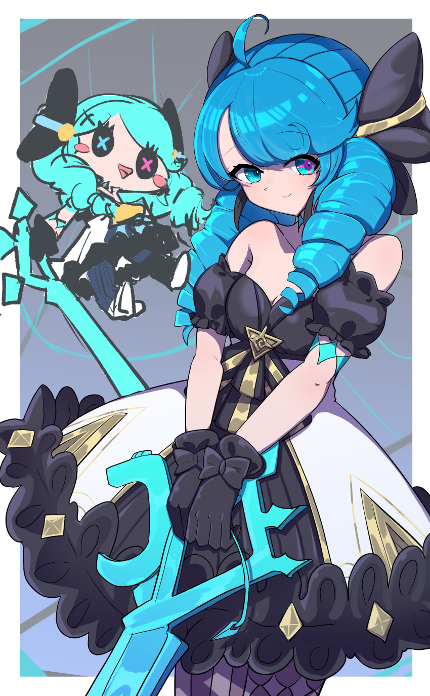 1girl, :d, absurdres, ahoge, bare_shoulders, black_bow, black_gloves, black_sleeves