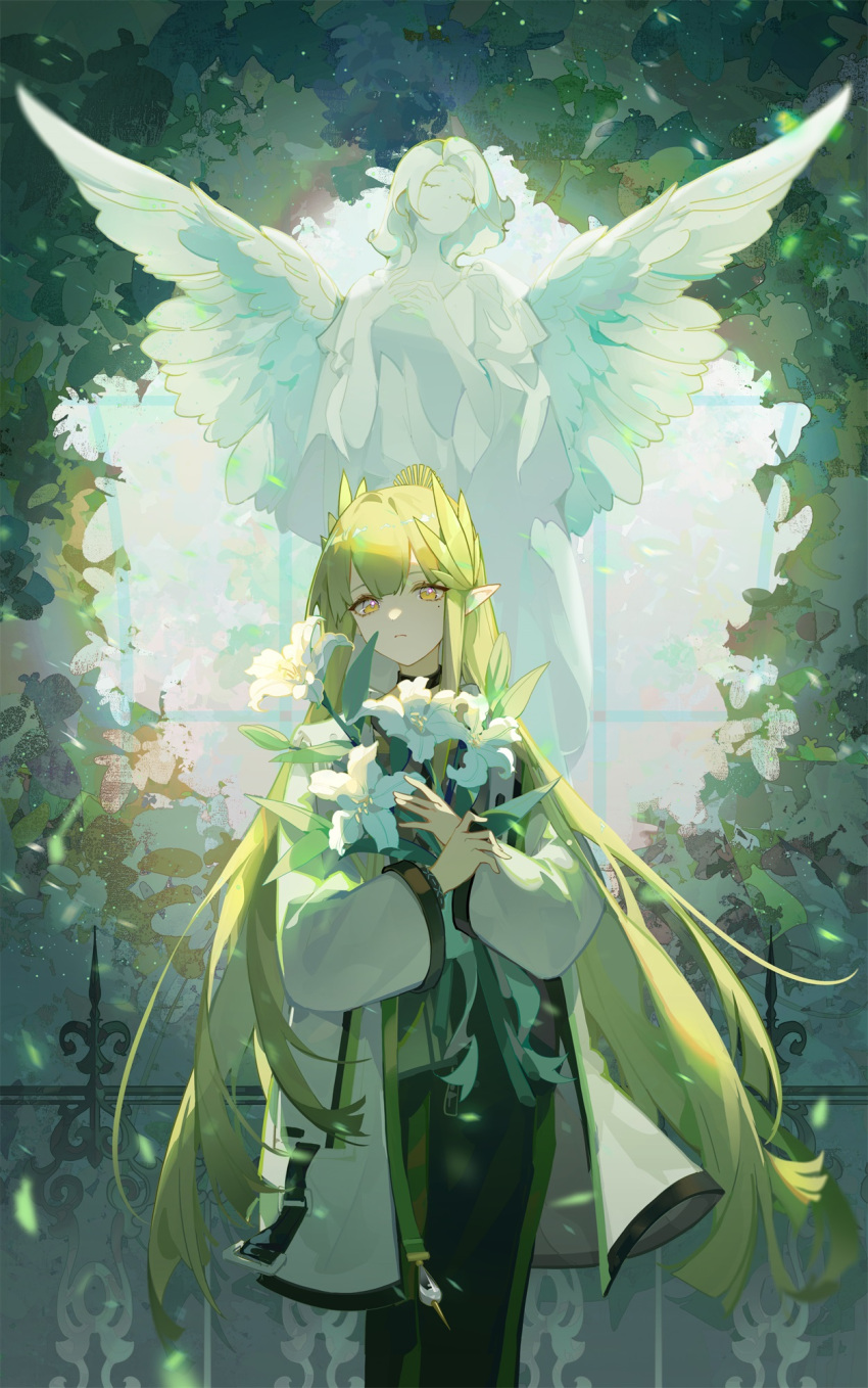 1girl, arknights, backlighting, black_skirt, bouquet, brown_eyes, closed_mouth, feet_out_of_frame