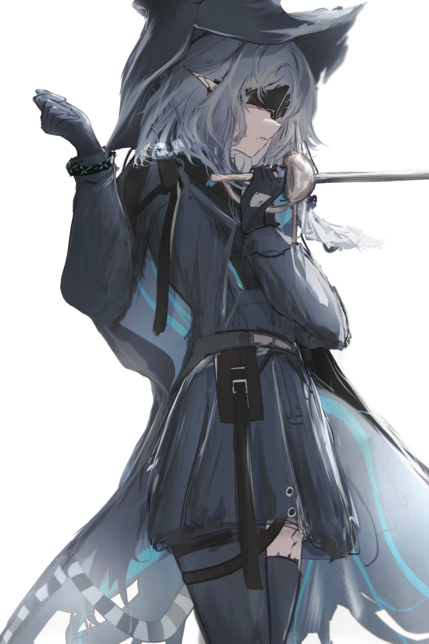 1girl, absurdres, arknights, belt, belt_pouch, black_coat, black_dress, black_gloves, black_headwear, black_pantyhose, black_thighhighs, blindfold, bracelet, coat, cowboy_shot, dress, gloves, grey_hair, highres, holding, holding_sword, holding_weapon, infection_monitor_(arknights), jewelry, long_sleeves, mebe_(teadia_violet), open_clothes, open_coat, oripathy_lesion_(arknights), pantyhose, pointy_ears, pouch, rapier, red_eyes, short_hair, simple_background, single_leg_pantyhose, single_thighhigh, solo, sword, thigh-highs, tulip_(arknights), weapon, white_background