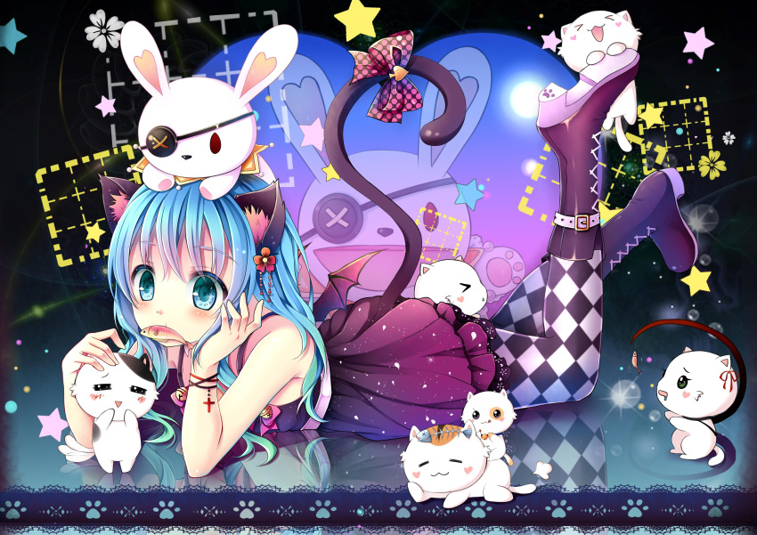 1girl, absurdres, animal_ears, bat_wings, blue_eyes, blue_hair, boots, cat