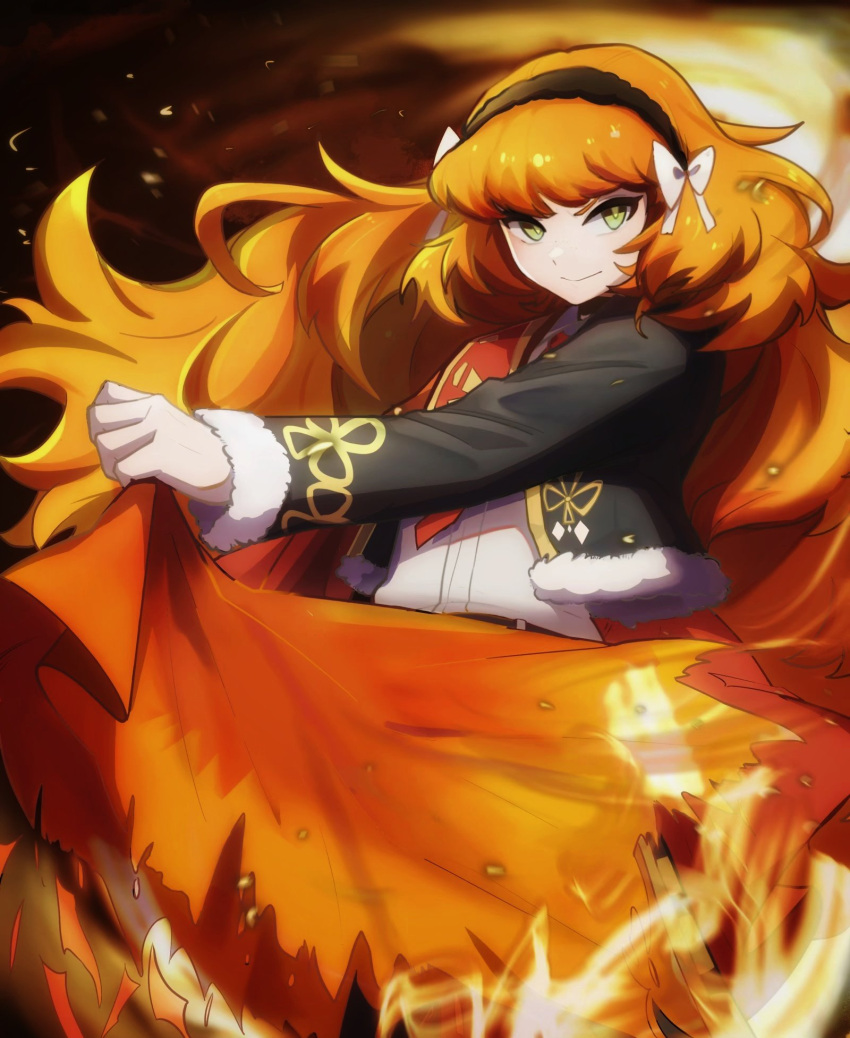 1girl, bbrrt, black_jacket, brown_hairband, closed_mouth, cropped_jacket, fire, fur-trimmed_jacket