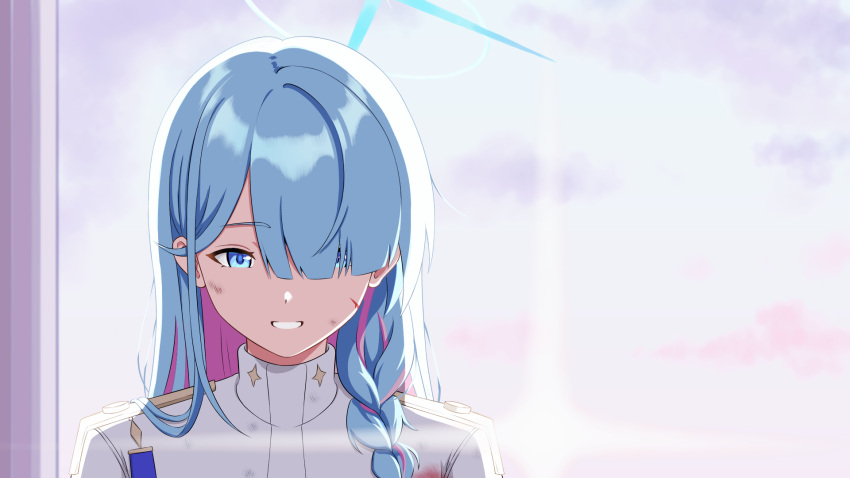 1girl, :d, aqua_eyes, aqua_hair, backlighting, blue_archive, blurry, braid, bruise, bruise_on_face, colored_inner_hair, commentary, depth_of_field, english_commentary, general_student_council_president_(blue_archive), hair_over_one_eye, hairband, halo, highres, indoors, injury, long_bangs, long_hair, long_sleeves, looking_at_viewer, multicolored_hair, scar, scar_on_cheek, scar_on_face, school_uniform, shudwho, sidelocks, single_braid, smile, solo, sunlight, turtleneck, two-tone_hair, window
