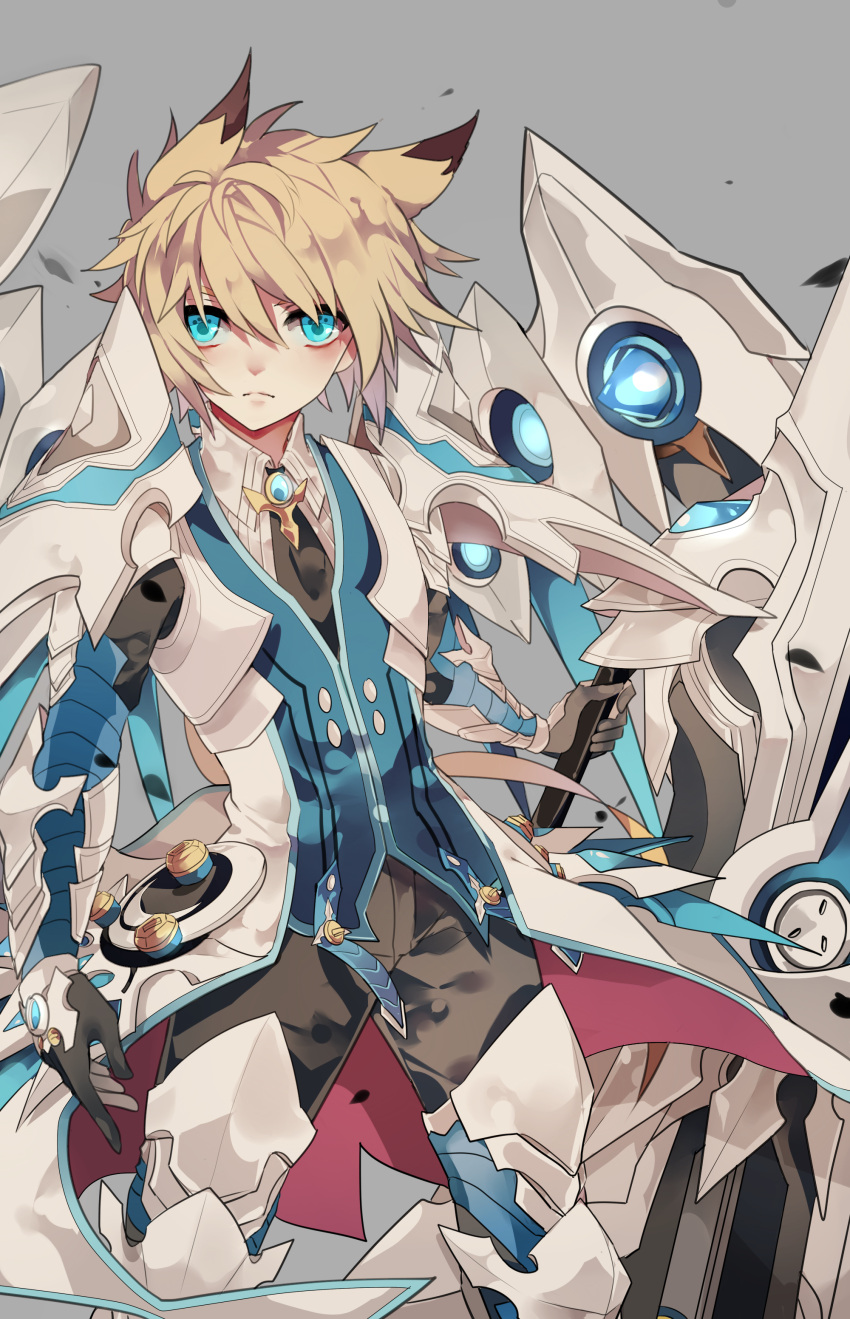 1boy, absurdres, arm_armor, armor, black_gloves, black_pants, blonde_hair, blue_eyes