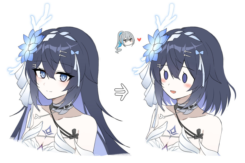 2girls, arrow_(symbol), bare_shoulders, blush, bronya_zaychik, bronya_zaychik_(herrscher_of_truth), chest_tattoo, chibi