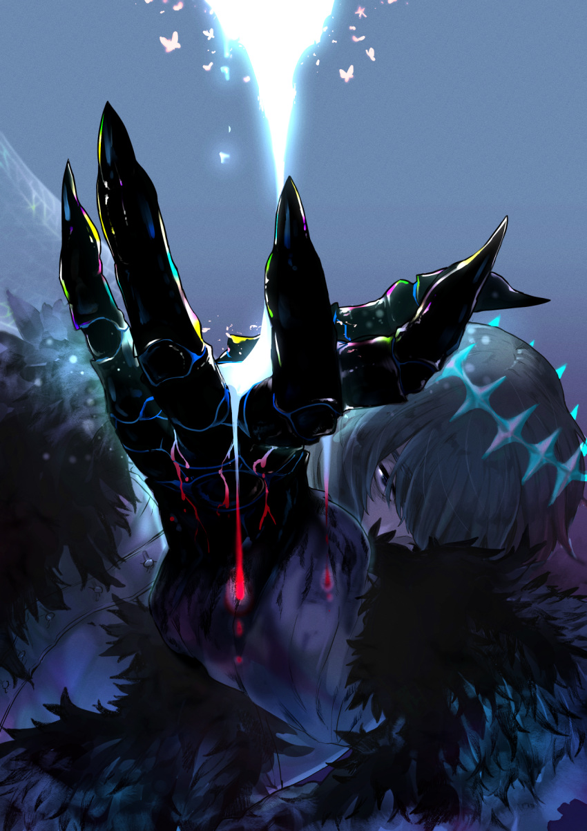 1boy, arthropod_boy, blue_eyes, bug, butterfly, cape, collared_shirt, crown