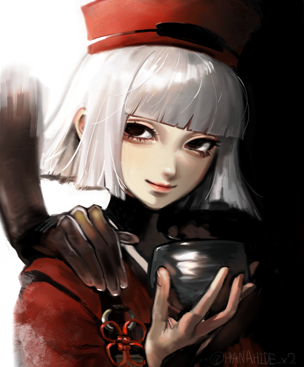 1girl, artist_name, black_eyes, blunt_bangs, chajinbou, cup, disembodied_limb, fate/grand_order