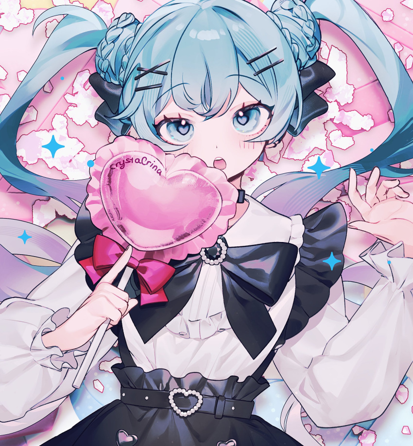 black_bow, black_skirt, blue_eyes, blue_hair, blush, bow, candy, commentary