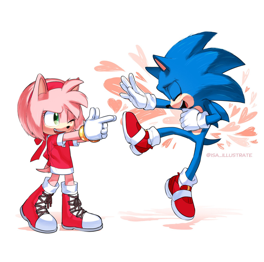 1boy, 1girl, absurdres, amy_rose, blue_fur, closed_eyes, double_finger_gun, finger_gun