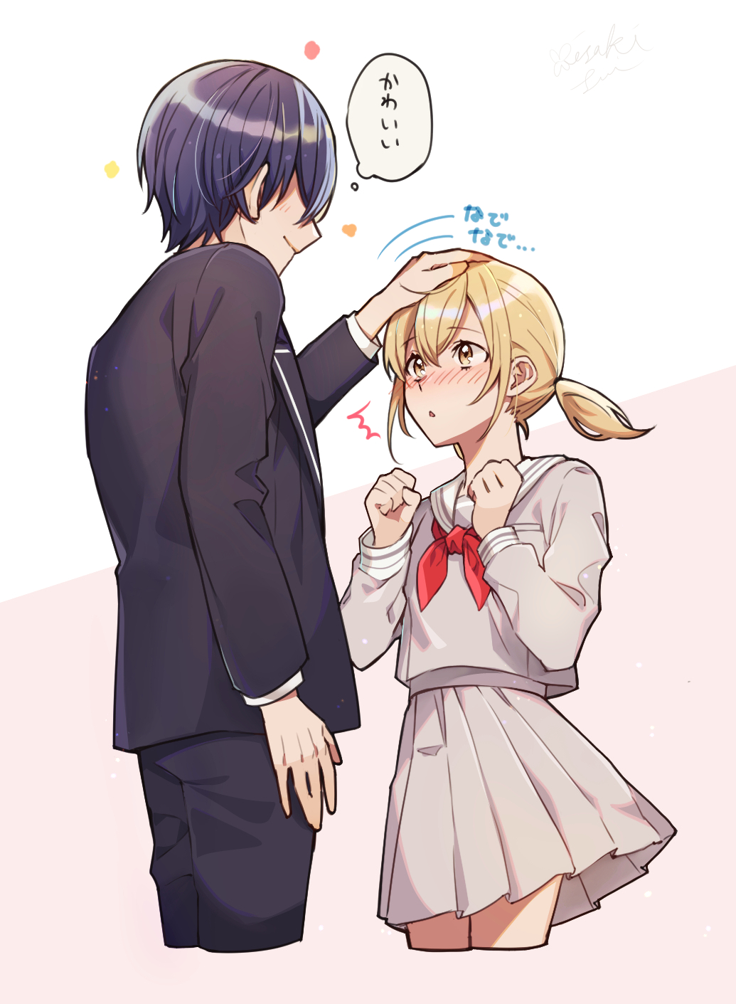 1boy, 1girl, aoyagi_touya, artist_name, azusawa_kohane, black_pants, blonde_hair, blue_hair