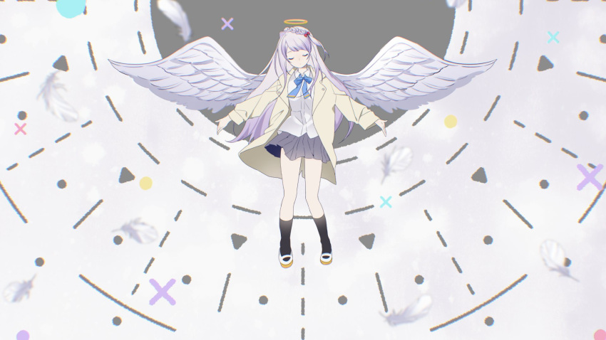 1girl, angel, angel_chan_(tuyu), angel_wings, azyun_an, black_skirt, black_socks, blue_bow, blue_ribbon, bow, braid, brown_jacket, closed_eyes, closed_mouth, doro_no_bunzai_de_watashi_dake_no_taisetsu_wo_ubaou_da_nante, feathered_wings, feathers, grey_hair, hair_ribbon, halo, highres, jacket, long_sleeves, neck_ribbon, open_clothes, open_jacket, pleated_skirt, red_ribbon, ribbon, skirt, socks, tuyu_(band), wings