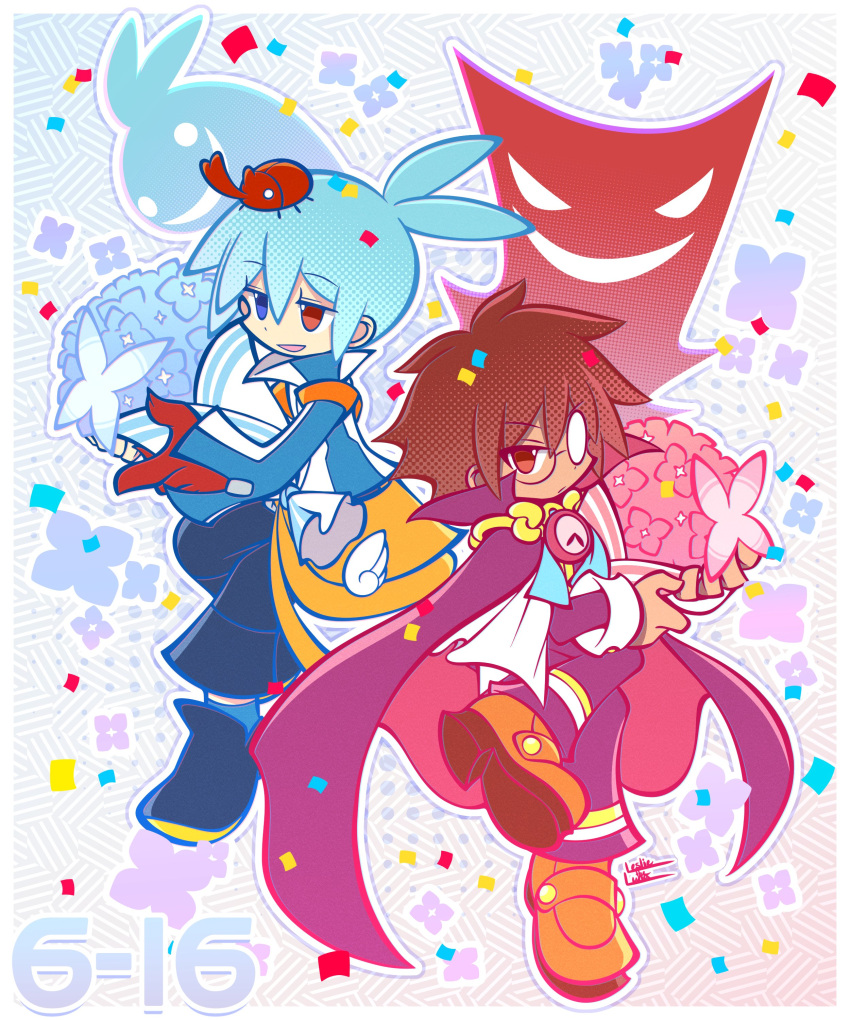 2boys, :d, absurdres, artist_name, bag, beetle, blue_butterfly, blue_eyes