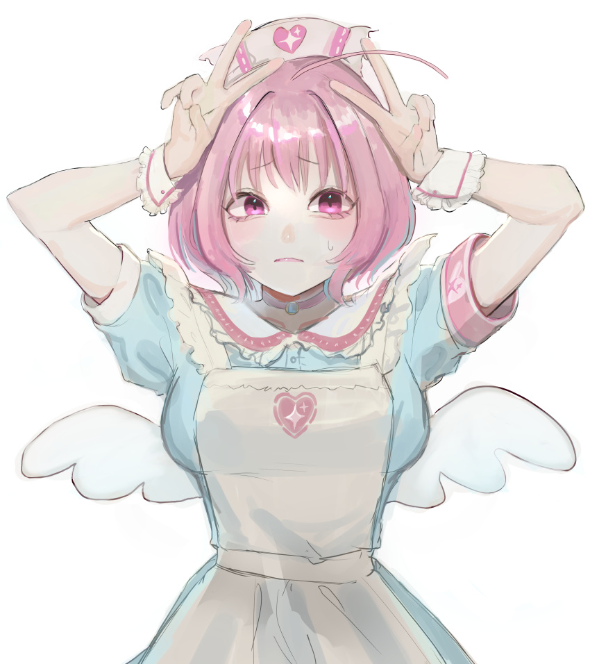 1girl, absurdres, ahoge, angel_wings, apron, aqua_dress, aqua_hair, armband