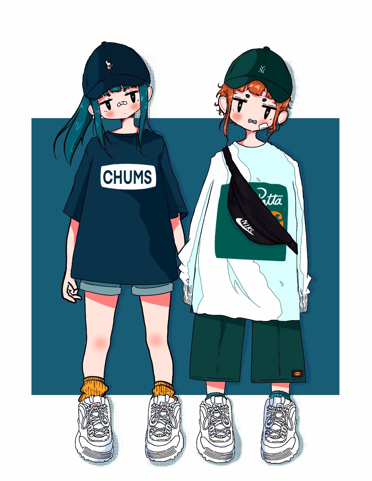 2girls, aqua_hair, aqua_socks, bandaid, bandaid_on_cheek, bandaid_on_face, bandaid_on_nose, baseball_cap