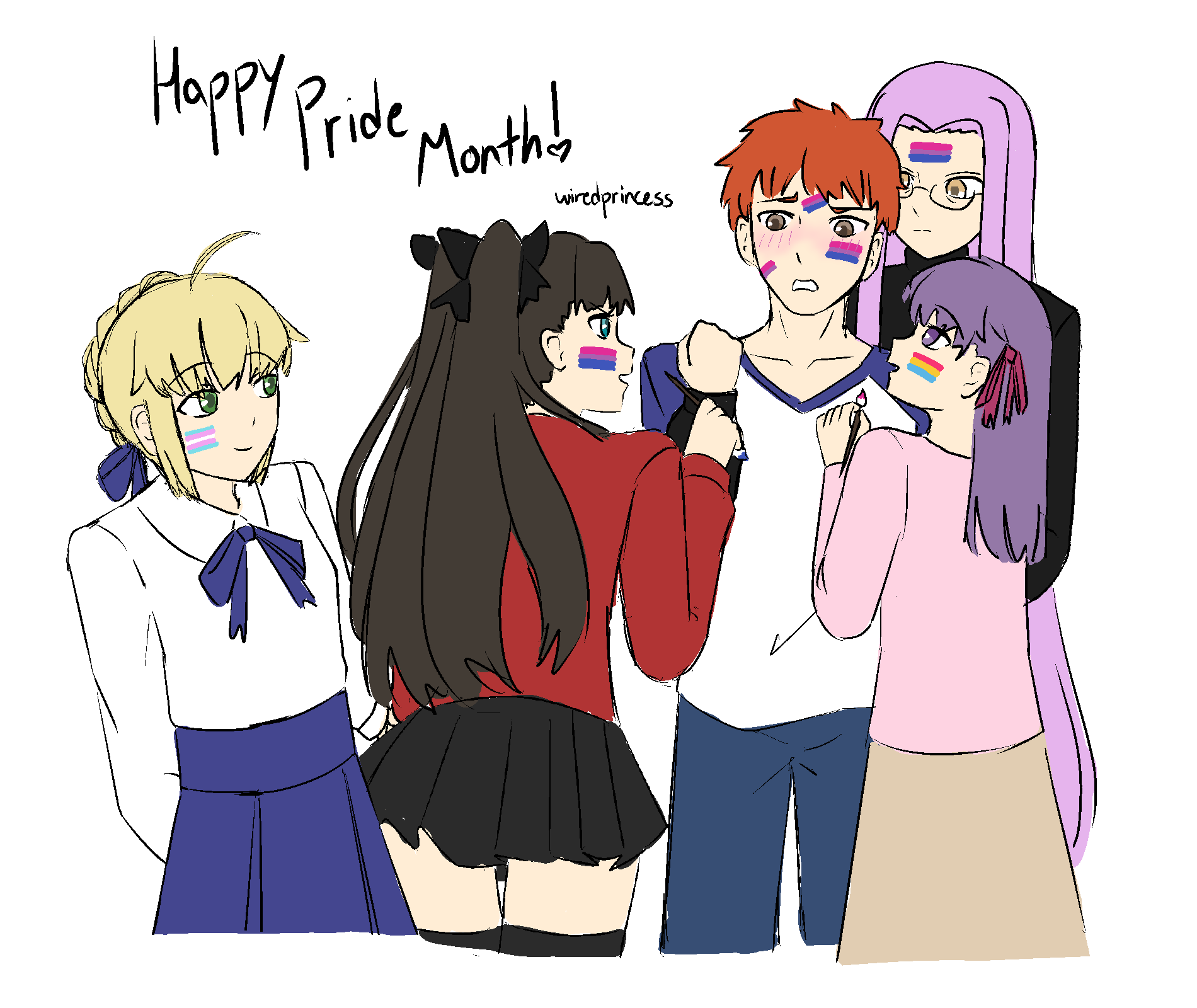 1boy, 4girls, artoria_pendragon_(fate), bisexual_flag, black_hair, blonde_hair, blush, collared_shirt