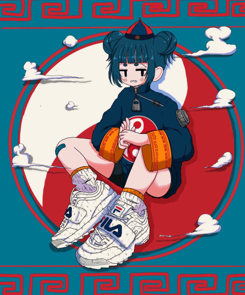 1girl, aqua_background, aqua_hair, bandaid, bandaid_on_knee, bandaid_on_leg, black_eyes, black_shorts
