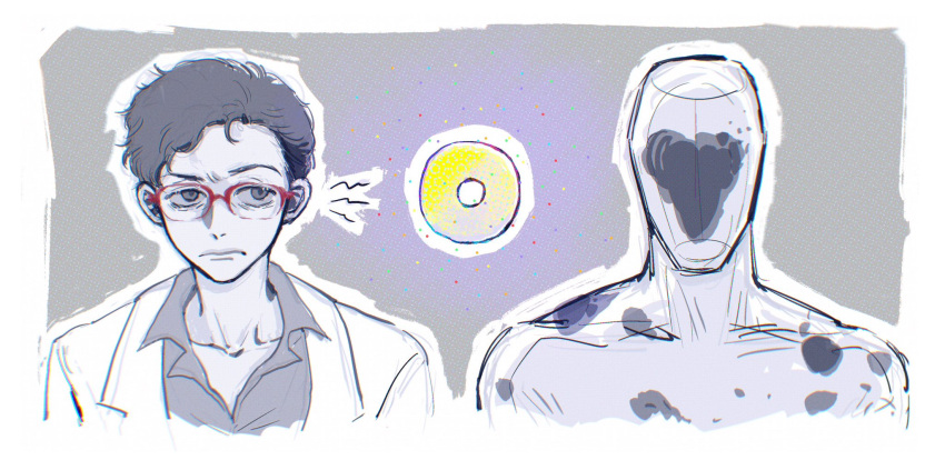 1boy, airrrrrdy, doughnut, faceless, food, glasses, highres, lab_coat