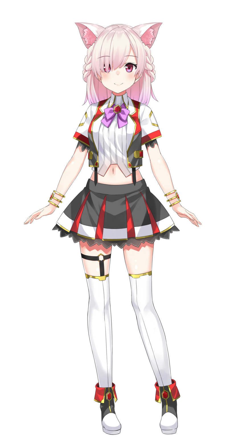 1girl, absurdres, animal_ear_fluff, animal_ears, asymmetrical_bangs, black_footwear, black_skirt, black_vest, blush, bow, bowtie, bracelet, braid, breasts, brooch, cat_ears, closed_mouth, collared_shirt, dress, extra_ears, fold-over_boots, full_body, gem, gold_trim, hair_over_one_eye, hexagon, hexagon_brooch, hexagon_print, highres, jewelry, layered_sleeves, legwear_garter, looking_at_viewer, medium_breasts, medium_hair, miniskirt, mitsurugi_lia, multicolored_clothes, multicolored_skirt, multicolored_vest, navel, o-ring, o-ring_thigh_strap, official_art, pink_eyes, pink_hair, pleated_dress, purple_bow, red_gemstone, red_skirt, red_vest, second-party_source, shirt, side_braid, simple_background, skirt, smile, solo, standing, suspender_skirt, suspenders, takehana_note, thigh-highs, thigh_strap, vest, vest_over_shirt, virtual_youtuber, wactor_production, white_background, white_shirt, white_thighhighs, wing_collar, zettai_ryouiki