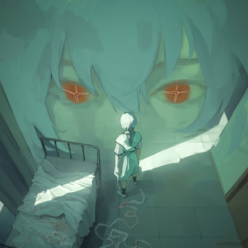 artist_name, ayanami_rei, bandages, bed, blanket, blood, blood_on_bandages, blood_on_bed, blue_hair, crack_of_light, cross-shaped_pupils, curtains, from_above, highres, holding_bandages, indoors, neon_genesis_evangelion, red_eyes, school_uniform, short_hair, short_sleeves, standing, surreal, symbol-shaped_pupils, tokyo-3_middle_school_uniform, wireleesss