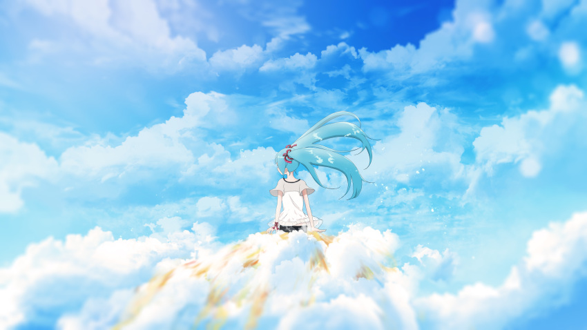 1girl, absurdres, arms_behind_back, black_shorts, blue_hair, blue_sky, clouds, cloudy_sky