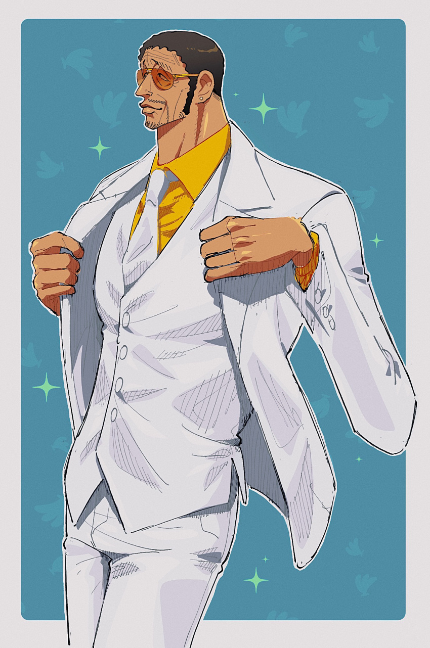 1boy, black_hair, borsalino_(kizaru), cowboy_shot, facial_hair, formal, highres, honesty_1114, layered_sleeves, male_focus, mature_male, necktie, one_piece, orange-tinted_eyewear, pants, shirt, short_hair, solo, suit, sunglasses, tinted_eyewear, waistcoat, white_necktie, white_pants, white_suit, yellow_shirt