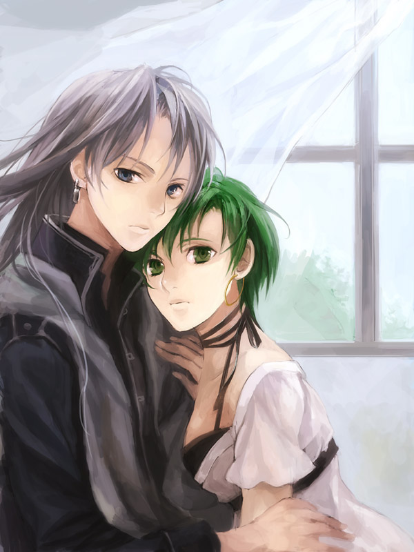 1girl, arthur_(fire_emblem), couple, earrings, fire_emblem, fire_emblem:_seisen_no_keifu, fire_emblem_genealogy_of_the_holy_war, green_eyes, green_hair, jewelry, kaito_(sawayakasawaday), phee, phee_(fire_emblem), short_hair