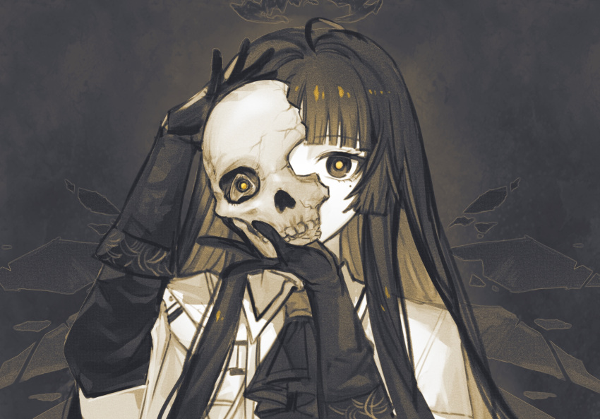 1girl, ahoge, arknights, arturia_(arknights), ascot, black_ascot, black_eyes, black_gloves