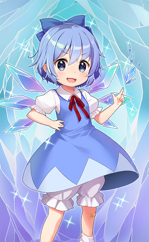 1girl, bandaid, bandaid_on_leg, blue_bow, blue_dress, blue_eyes, blue_hair, bow, cirno, collared_shirt, dress, fairy, fairy_wings, fang, frilled_pants, frilled_sleeves, frills, hair_bow, hand_on_own_hip, ice, ice_background, ice_wings, jigatei_(omijin), neck_ribbon, official_art, open_mouth, pants, pantyhose, pointing, puffy_pants, puffy_short_sleeves, puffy_sleeves, red_ribbon, ribbon, shirt, short_hair, short_sleeves, smile, socks, touhou, touhou_cannonball, v-shaped_eyebrows, white_shirt, white_socks, wings