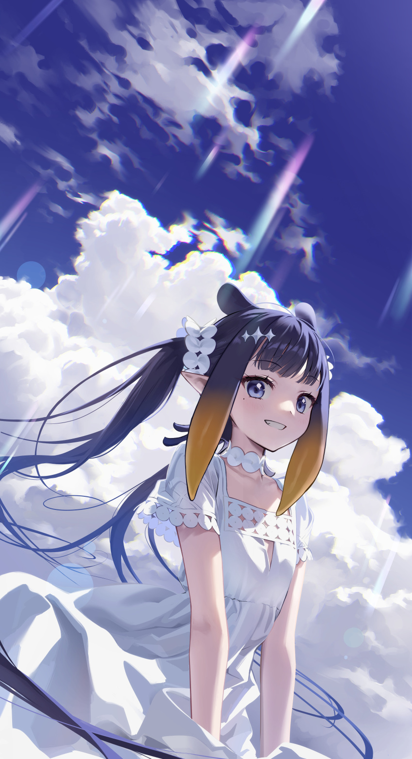 1girl, absurdres, alternate_costume, alternate_hairstyle, blue_sky, blunt_bangs, blush, choker