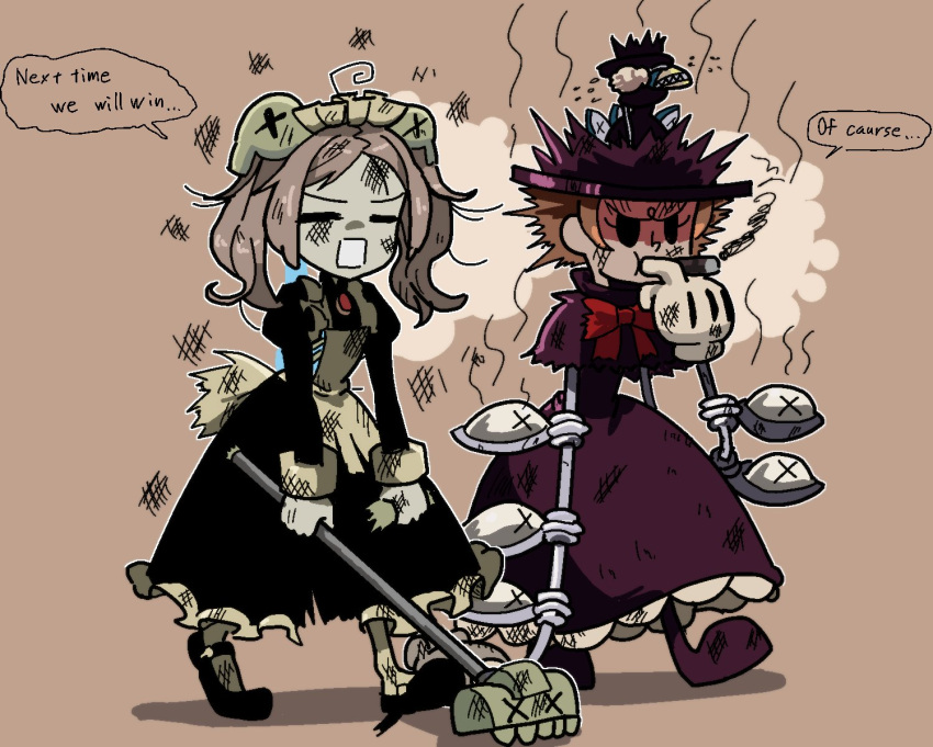 2girls, animal_on_head, apron, bird, bird_on_head, bloody_marie_(skullgirls), cigar, closed_eyes