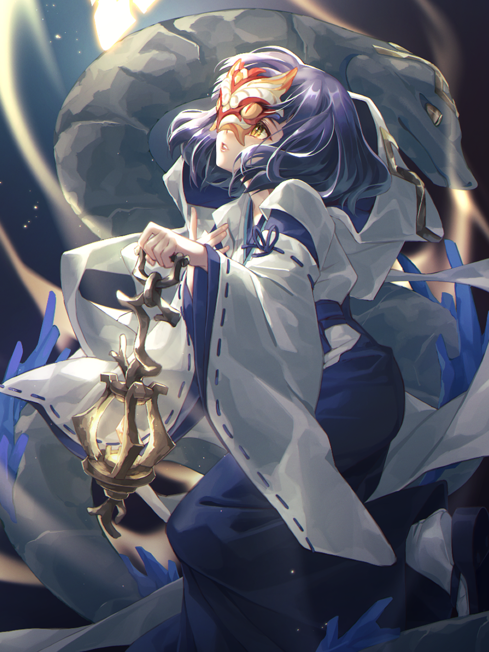 1girl, animal, black_footwear, black_hair, blue_hakama, blue_ribbon, commentary_request, eyelashes