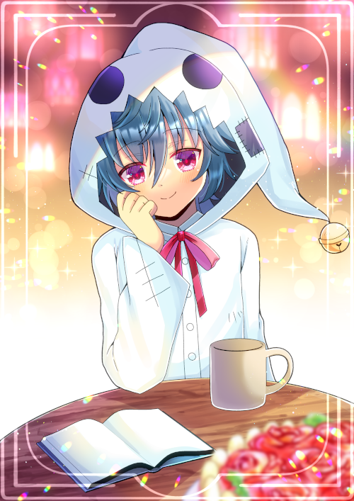 1girl, bell, blue_hair, blurry, blurry_background, blurry_foreground, book, bow