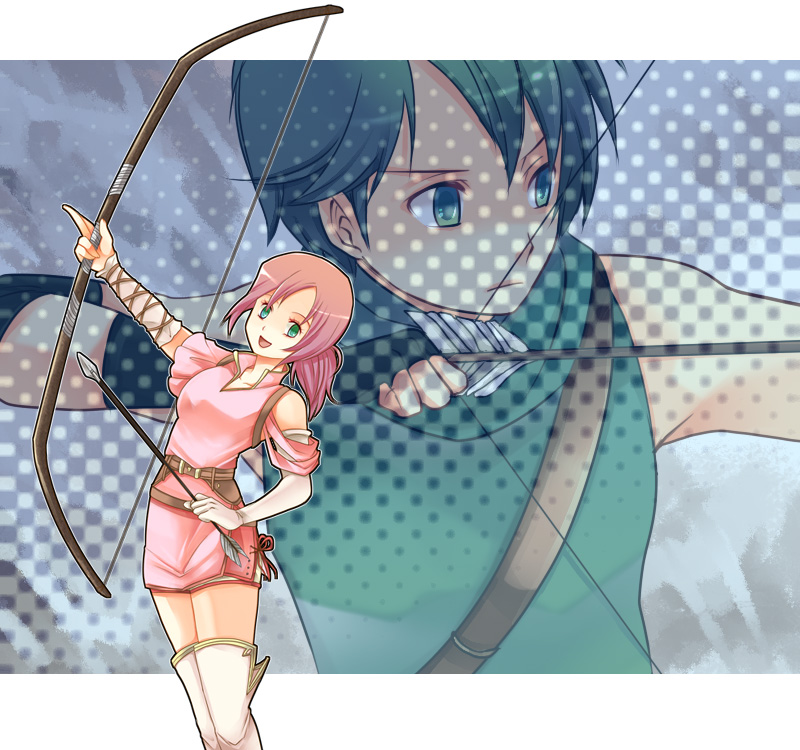 1girl, archery, arrow, boots, bow_(weapon), elbow_gloves, fire_emblem, fire_emblem:_mystery_of_the_emblem