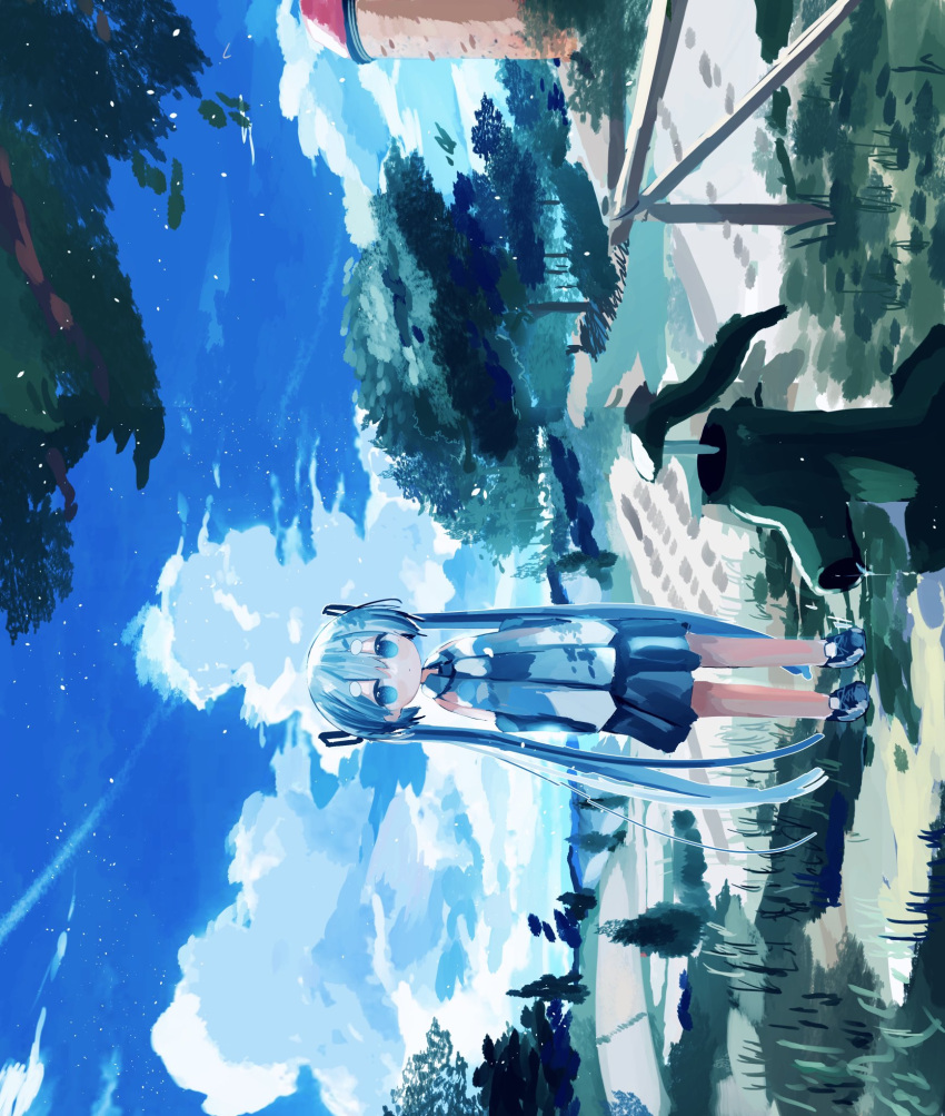 1girl, black_skirt, blue_eyes, blue_hair, blue_necktie, blue_sky, clouds, day