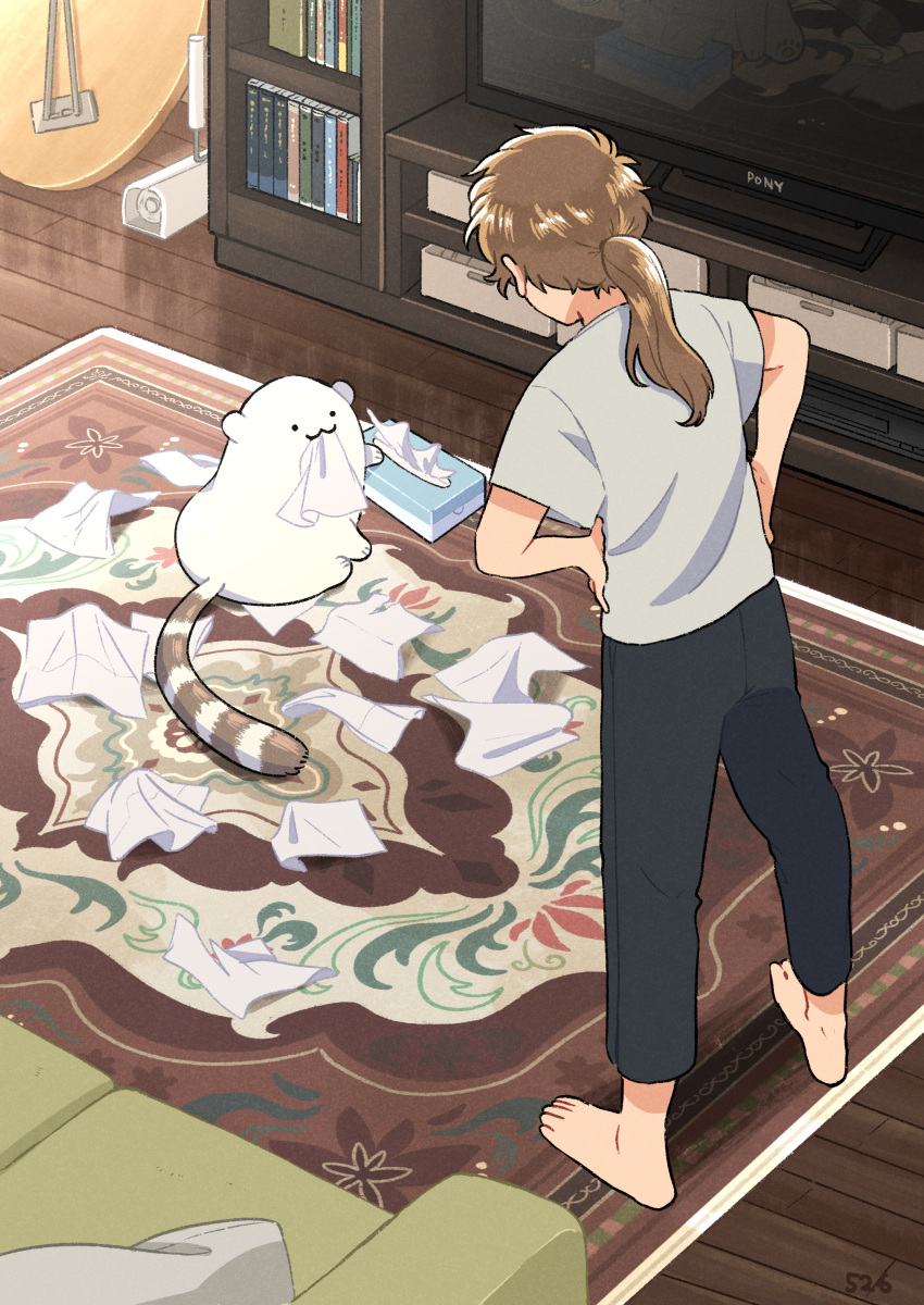1girl, absurdres, barefoot, black_pants, bookshelf, brown_hair, couch, creature
