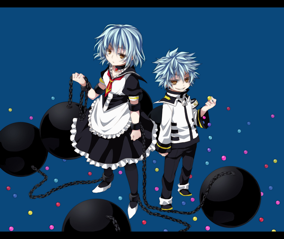 ball_and_chain, blue_hair, brother_and_sister, cuffs, kotoko_(oxxxo), medaka_box, pantyhose, school_uniform