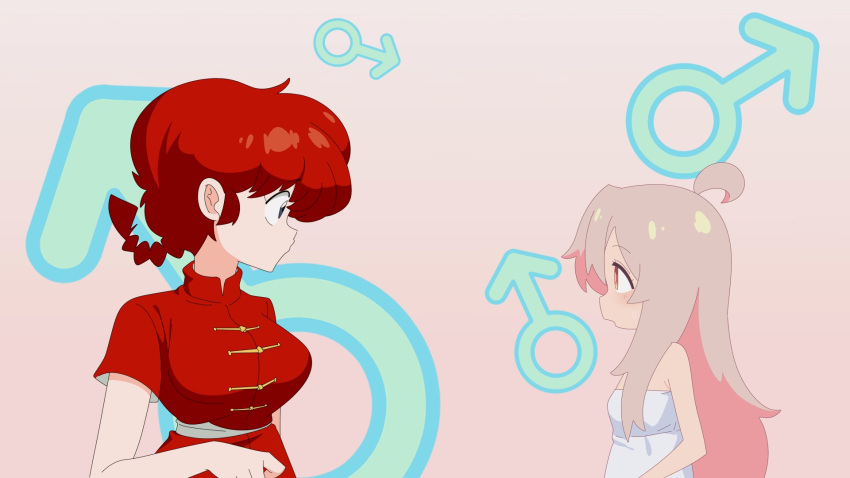 2girls, ahoge, blue_eyes, braid, breasts, chinese_clothes, crossover, genderswap